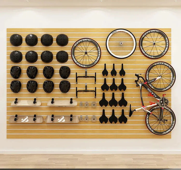 Kainice自転車修理スタンド自転車店ディスプレイラックスタンド木製mdfスラットウォールパネルアルミニウム金属インサートディスプレイボード