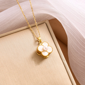 Collier en acier inoxydable avec pendentif rotatif fleur et perle, simple, orné de zircons, cadeau idéal pour la Saint-Valentin - Product Image 3