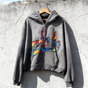 <span class=keywords><strong>Felpa</strong></span> con Cappuccio Oversize Personalizzata con Effetto Sfumato e Pietre Lavate, Zip Frontale, Stile Streetwear con Strass e Stampa DTG - Product Image 5