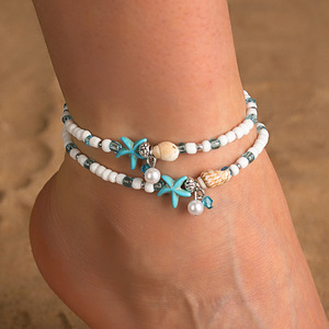 Conjunto de tobilleras con cuentas de estrellas para niñas, adornos elásticos para pies de playa con dije de concha, joyería de moda de verano D1692-1 - Product Image 3
