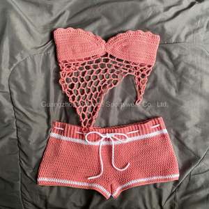 Conjunto de bikini de 2 piezas de ganchillo para mujer, poliéster/nailon, sin costuras, bralette push-up, escote sin espalda, detalle de volantes en la cintura - Product Image 3