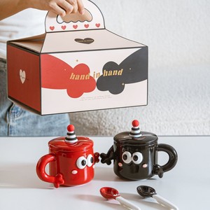 ชุดแก้วเซรามิกคู่รักลายการ์ตูนตาโตพร้อมฝาและช้อน - Product Image 1