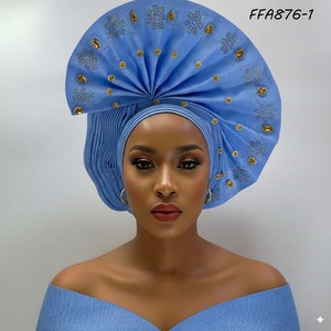 Nigerian Aso Oke Fashion Headtie Tela amarilla de Ankara con cuentas para fiestas Salidas casuales Pesca Último diseño - Product Image 3