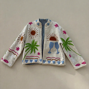 Chaqueta Reversible de Lino y Algodón Blanco Bordada a Mano para Mujer con Tema de Playa Tropical - Product Image 1