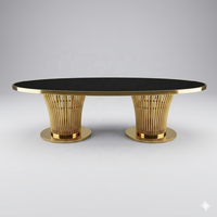 Table de réception en verre noir en forme d'œuf avec cadre en acier inoxydable doré pour hôtels, banquets, mariages et événements (vente en gros)