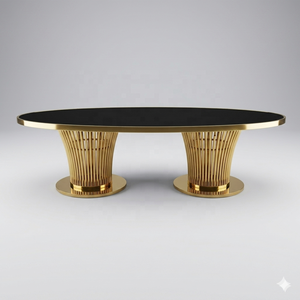 <span class=keywords><strong>Tavolo</strong></span> da Banchetto per Hotel ed Eventi con Struttura in Acciaio Inox Dorato <span class=keywords><strong>e</strong></span> Piano in Vetro <span class=keywords><strong>Nero</strong></span> a Forma di Uovo - Product Image 1