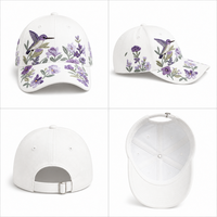 Casquette de baseball blanche en sergé de coton à six panneaux, broderie florale colibri, réglable 56-62cm, logo personnalisé, vente en gros, OEM, faible MOQ
