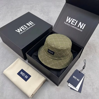 Cappello a Secchiello in Cotone Blu Navy con Logo Oxford e Motivo a Quadri, Fibbia in Rame Dorato, Unisex, Casual, per Protezione Solare all'Aperto