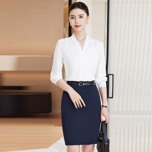 Women's V-Neck Long Sleeve Chiffon Shirt Solid Color Office Professional Blouse Polyester Fabric 2025 Autumn Style - Product Image 2