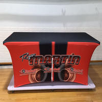 Vente de liquidation B2B, jupe de table personnalisée pour salon professionnel, impression par sublimation, polyester, housse de table extensible ajustée pour les événements