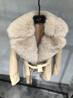 Veste en cuir véritable pour femme avec col en fourrure de renard, coupe courte, ceinture ajustée, style motard, pour l'automne