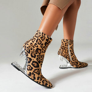 BUSY GIRL XYF4909 Leopard <strong>Zebra</strong> Pattern Ankle Booties Women Shoes Sliver Tiger Teeth Heels for Ladies Mid Calf Short <strong>Boots</strong>