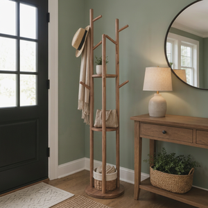 Porte-manteau en bois sur pied avec 3 étagères et 10 crochets, style scandinave moderne, meuble de rangement pour entrée - Product Image 1