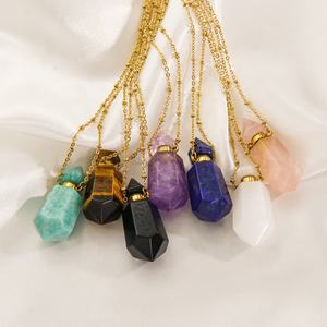 Botol parfum minyak esensial kalung liontin batu alami mata harimau Amethyst Quartz mawar perhiasan penyembuhan baja tahan karat emas - Product Image 1
