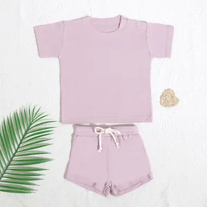 Custom Embroidery Baby Bamboo Clothes Short Sleeve Summer Cool Waffle Solid Color Baby Girl Clothing Sets