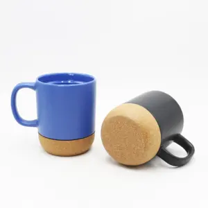 12oz 380ml Customized Logo Cork Base Ceramic Coffee Mug With Plastic Lid