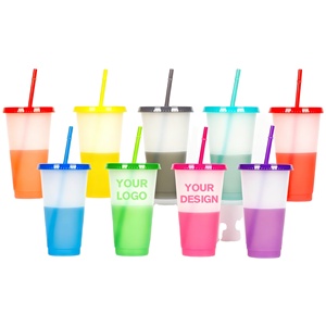 Custom Logo Reusable and <b>Straws</b> Smoothie <b>Cup</b> <b>Tumblers</b> 24 Oz Plastic <b>Cups</b> <b>With</b> Lids - Product Image 1
