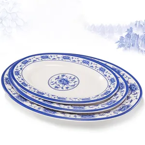 Placas azules y blancas, cargador de comedor ovalado de melamina, plato de pescado para cena para restaurante