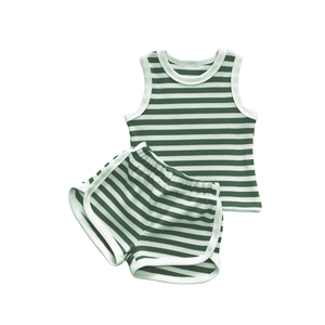 Nuove strisce di cialde ossessionate imposta su misura per bambini estivi senza maniche canotta e pantaloncini con bordi a blocchi di colore - Product Image 4