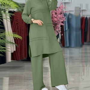 Elegant Muslim <strong>Women's</strong> Solid Wool Tunic Pants Set Long Sleeve Top Side Slit Hem Loose Fit <strong>Trousers</strong> Modest Casual Suit <strong>Work</strong> Party - Product Image 2
