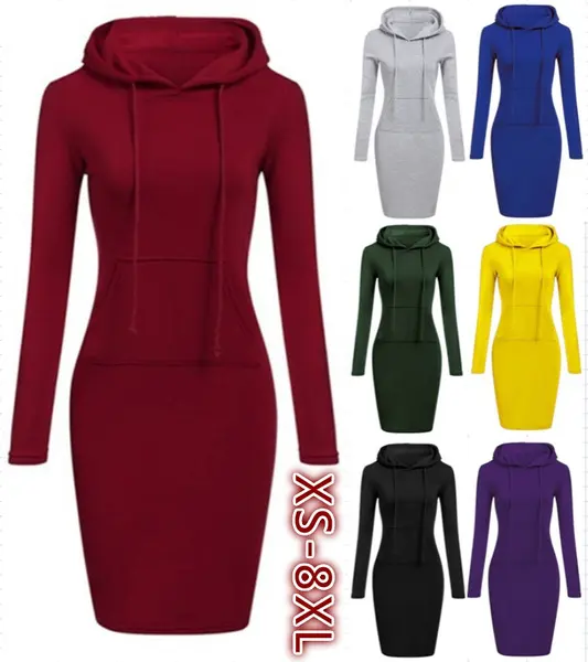 Hooded Hoodie Dress For Women Autumn Winter Fleece Solid Hoodies With Pockets Women's Sweatshirt Dresses Casual Vestidos