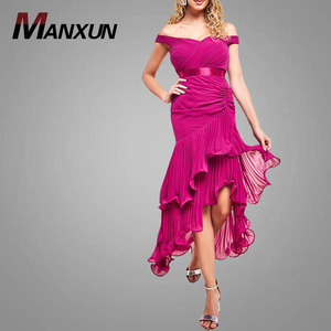 Nueva llegada plisado Bardot alto bajo Tiser gasa Midi vestidos Sexy ajustado sin mangas señoras vestido fiesta Club Vestidos para mujeres - Product Image 1