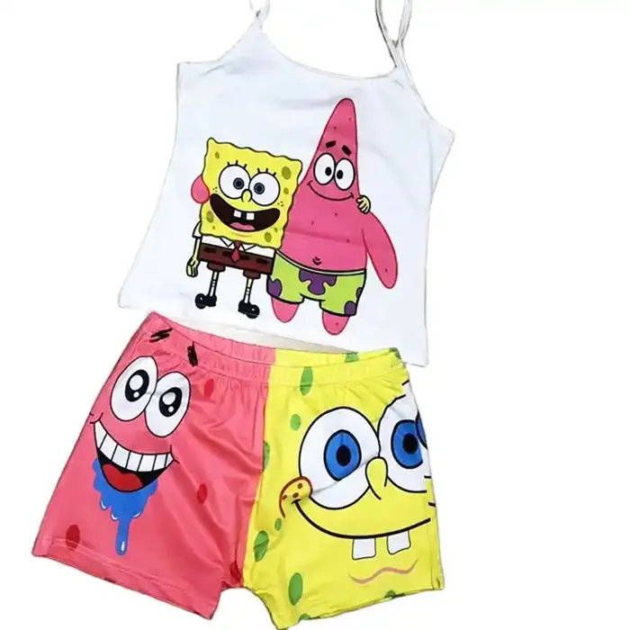 Toptan kadınlar Tank Tops Set Spongebb Patrick yıldız karikatür 2 parça pijama şort takımı kızların pijama bayanlar için