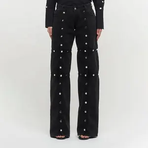 OULAIYADI Street Style Multi-button Wide Leg Trouser Detachable Splicing Design High Waist Jeans For Women