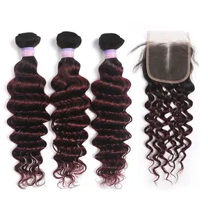 Ombre 3 bundles with 4*4 lace frontal closure pre plucked two tone deep wave human hair weave with frontal with high quality