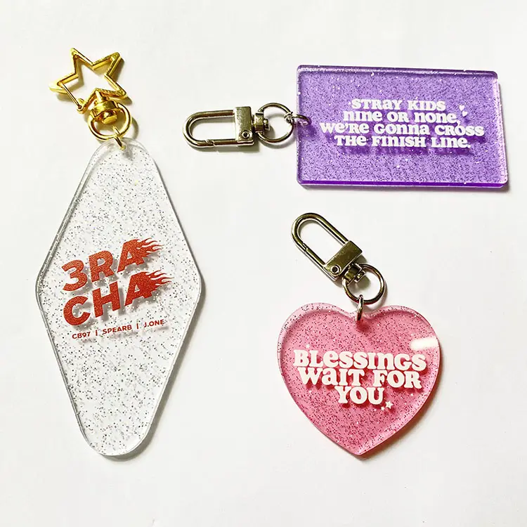 Custom high quality heart ticket hotel shape glitter acrylic plastic keychain