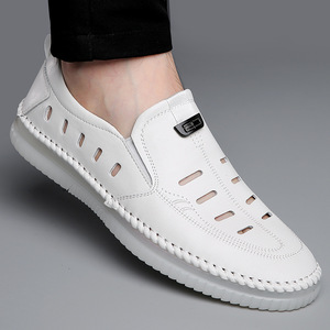 Chaussures bateau blanches pour hommes à enfiler, bout rond, semelle EVA respirante, chaussures décontractées d'été en cuir avec boucle décorative - Product Image 2