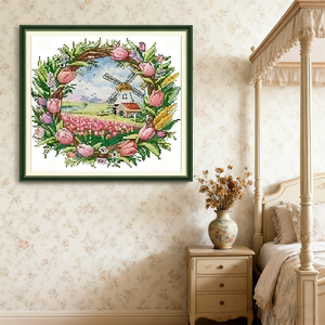 Wholesale DIY Simple Manual Embroidery Kit Tulip Flower Field Cross Stitching Needlework 35*35cm Embroidery Set for Adults