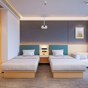 Juego de dormitorio doble moderno y económico para hotel con base de madera, cabecero tapizado y mesita de noche para proyectos comerciales de 3 estrellas - Product Image 1