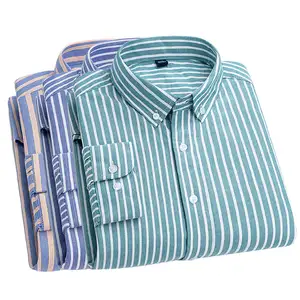 Spring New Style Frock Men Long Sleeve Strip Linen And Cotton Green Shirt Men's striped shirt