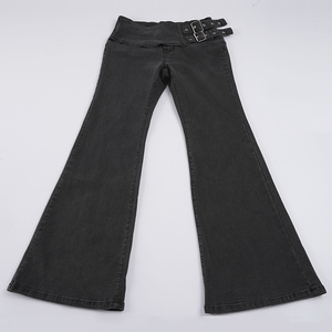 Jean en denim noir gris délavé, taille mi-haute à revers, coupe évasée, coupe droite, tombé fluide, longueur au sol, écoresponsable - Product Image 6