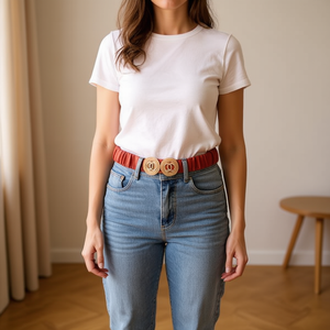 Cinturón elástico con hebilla redonda doble de madera para mujer, cinturón de moda de 5 cm - Product Image 3