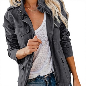 Women's Solid Thin <b>Lightweight</b> Waterproof Windproof Stand-Up Collar Boyfriend Parka <b>Jacket</b> Zipper Closure - Product Image 3