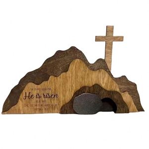 Adorno Reutilizable de Madera de Bambú Grabado con la Escena del Túmulo Vacío de Jesús, para Pascua Cristiana - Product Image 1