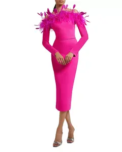 人気販売フクシア包帯高級ドレス女性エレガントなダチョウの羽のトリムドレス