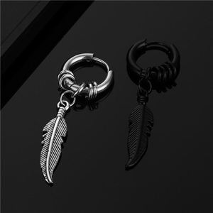 Boucles d'oreilles pendantes vintage en acier inoxydable argenté et noir, motif feuille, style hip-hop, plume, spirale, boucle punk pour femmes et hommes - Product Image 3