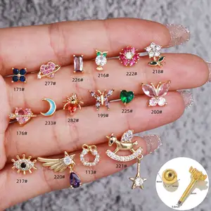 18K Gold Plated Stud Earrings Pave Colorful Cubic Zircon Stainless Steel Rod Piercing Screw Ball Stud Earring For Women