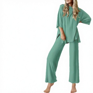 Ensemble 2 pièces en crêpe pour femme, coupe ample, col rond, manches longues, couleur unie, pantalon décontracté, respirant, à porter en toutes saisons - Product Image 3