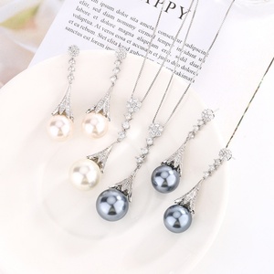 Dainty Eco-friendly Copper Wedding Tassel Pendant <b>Earrings</b> <b>Set</b> Cubic Zirconia 16-14MM Grey Shell Pearl Bridal Jewelry <b>Set</b> - Product Image 1