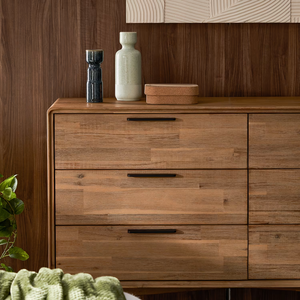 Commode à 6 tiroirs en bois naturel de style mi-siècle, commode en bois massif avec <span class=keywords><strong>patchwork</strong></span> et pieds coniques en bois pour chambre à coucher - Product Image 5