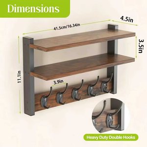 Simplified <b>Wall</b>-mounted Storage Rack 16.34in Wood Shelf With 4 <b>Hooks</b> Rustic Entryway <b>Key</b> Organizer - Product Image 4