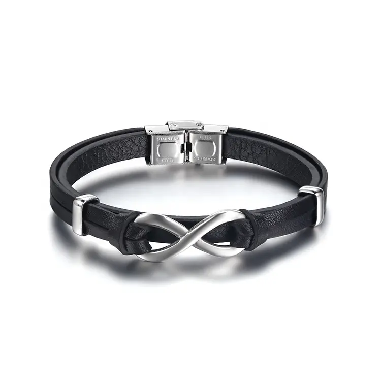 Luxury Men Cuff Bracelet Jewelry Stainless Steel Magnetic Clasp Bangles Black Genuine Leather Bracelet