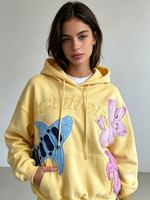 Y2K Süßer Streetwear Pullover Hoodie mit 3D-Blumen-Seestern-Patch, Stickerei und erhabener Buchstaben-Applikation, lockerer Damen-Hoodie