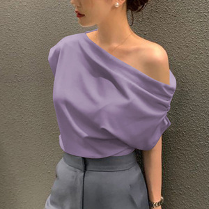 Women's Chic Summer Irregular Slant Shoulder Design Loose Solid Color Pullover Short Sleeve T-shirt Shirt Fashion - Product Image 2