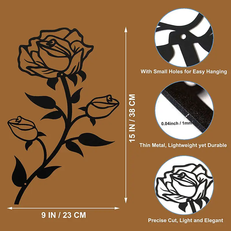 Factory Custom Light Luxury Simple Design Wall Hangings Decoration Black Metal Rose Wall Art For Living Rooms