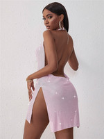 Robe de Cocktail Mini Sexy Personnalisée pour Femme, Style Clubbing, Argent Métallisé, Fendue, Ornée de Strass, Col Halter, Dos Nu, Fente Haute